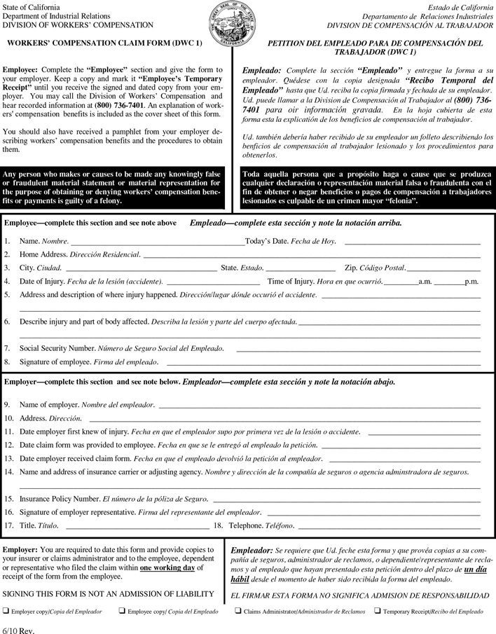 California Worker's Compensation Form Page 3