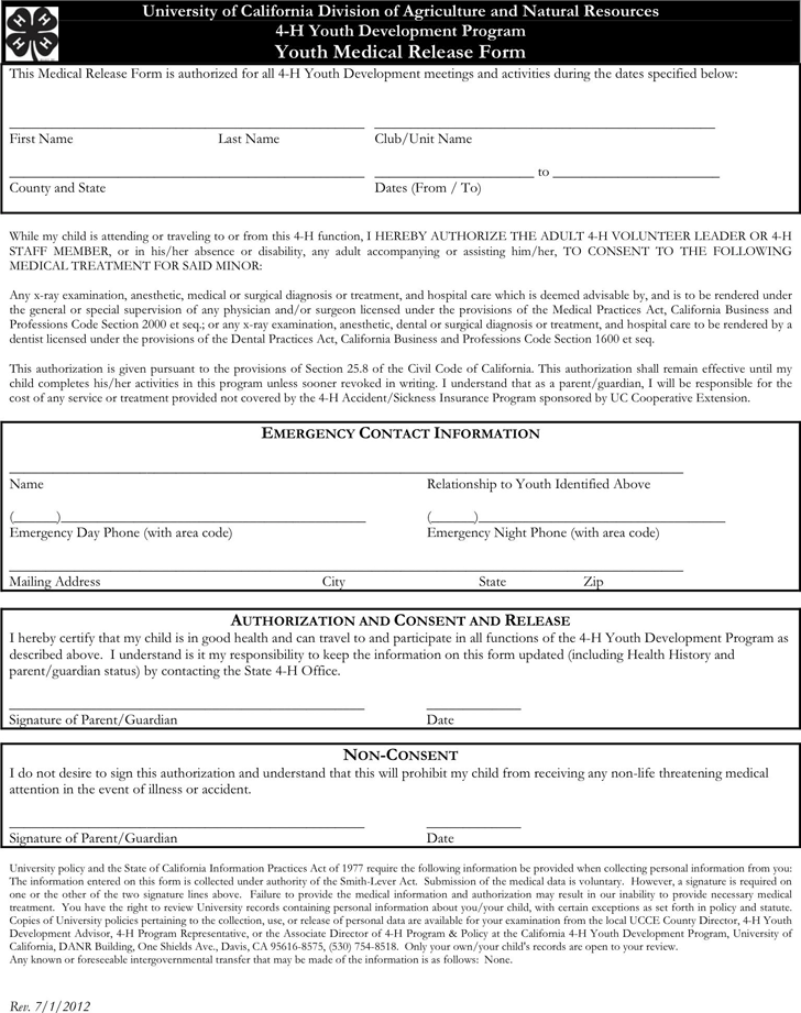 California Youth Medical Release Form
