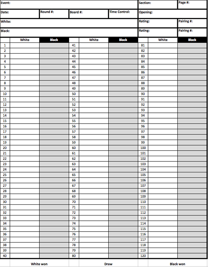 Free Chess Score Sheet Xlsx 14KB 1 Page s 