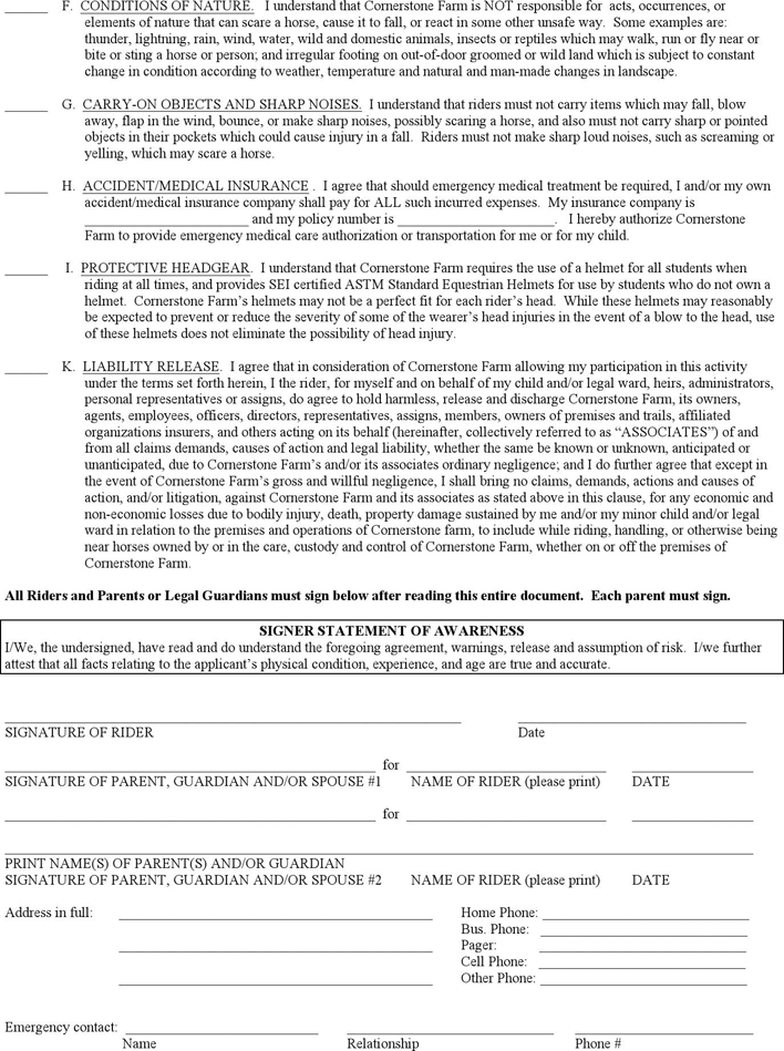 Colorado Horse Use Or Lesson Agreement And Liability Release Form Page 2
