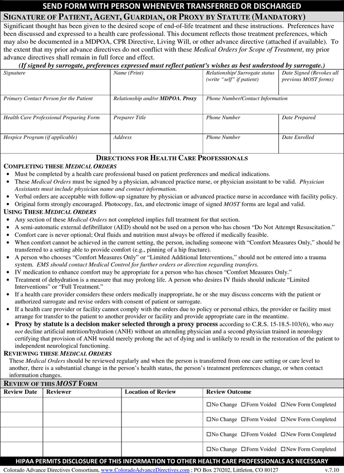 Colorado Medical Orders For Scope of Treatment (MOST) Form Page 2