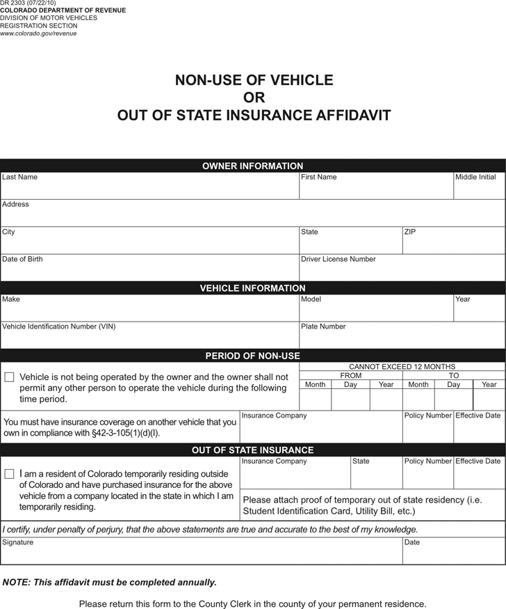 Colorado Non-Use of Vehicle Or Out of State Insurance Affidavit Form
