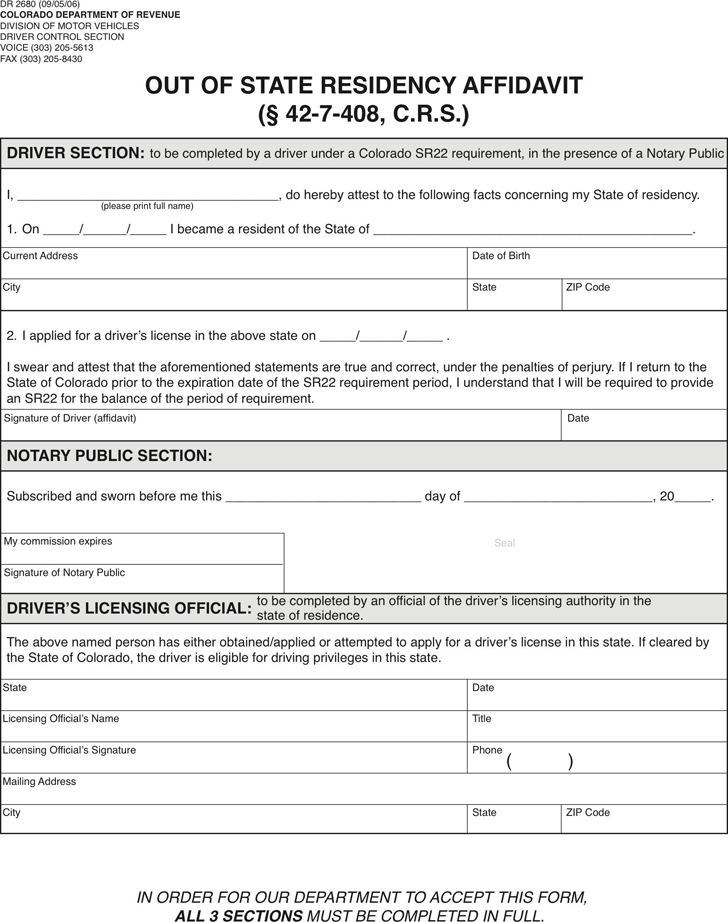 Colorado Out of State Residency Affidavit Form