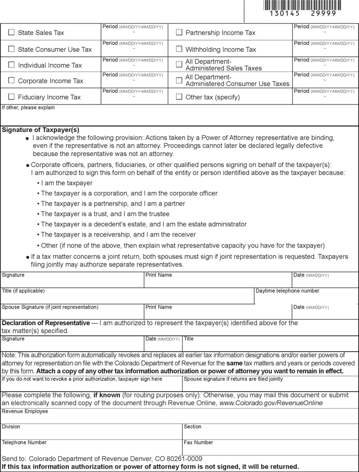Colorado Tax Information Designation and Power of Attorney for Representation Form Page 2