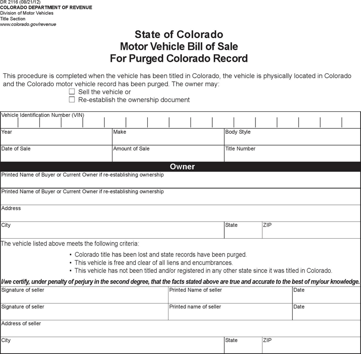 Colorado Vehicle Bill of Sale for Purged Record