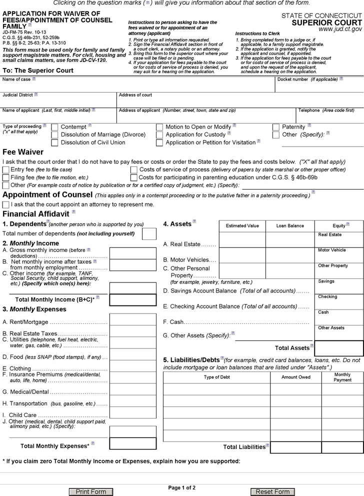 Connecticut Application for Waiver of Fees Form