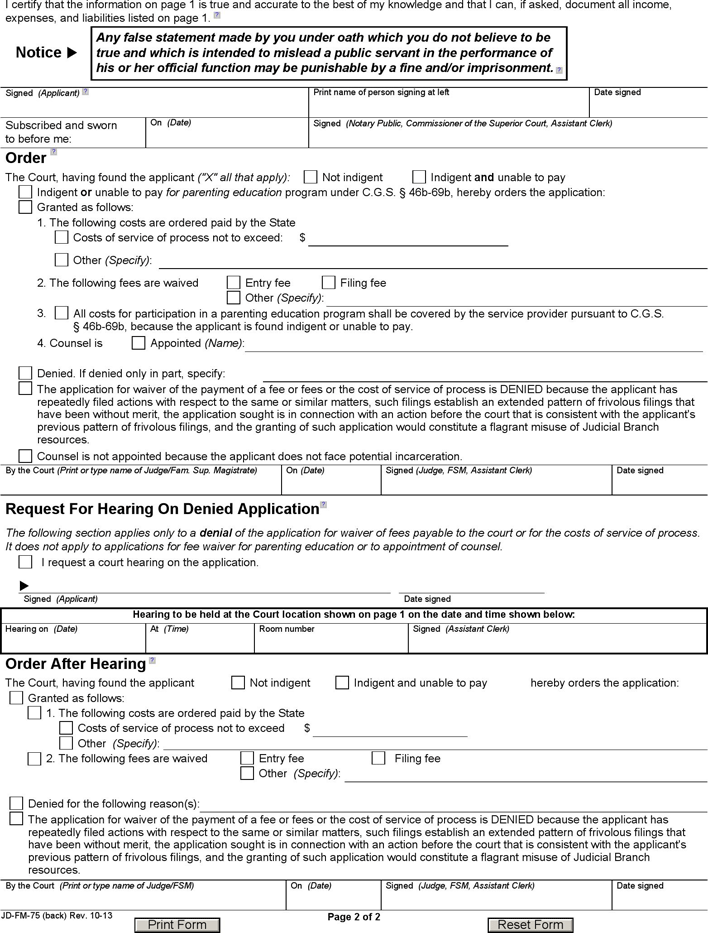Connecticut Application for Waiver of Fees Form Page 2