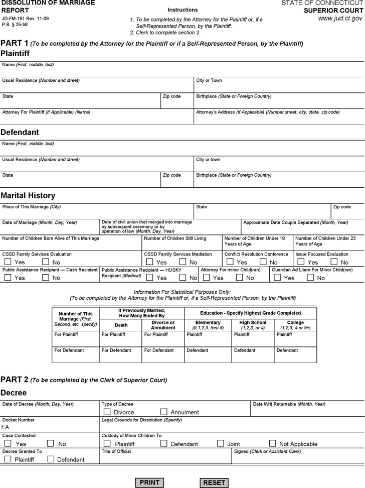 Connecticut Dissolution of Marriage Report Form