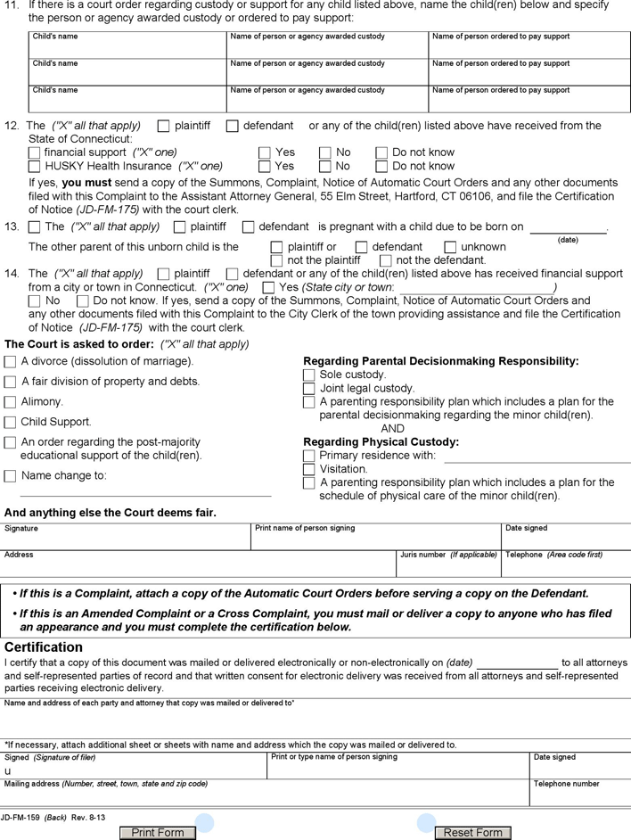 Connecticut Divorce Complaint Form Page 2