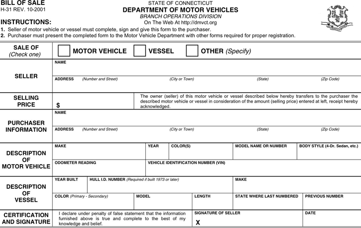 Connecticut Motor Vehicle Bill of Sale Form