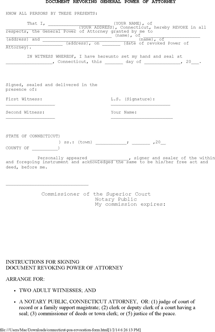 Connecticut Revoking General Power of Attorney Form