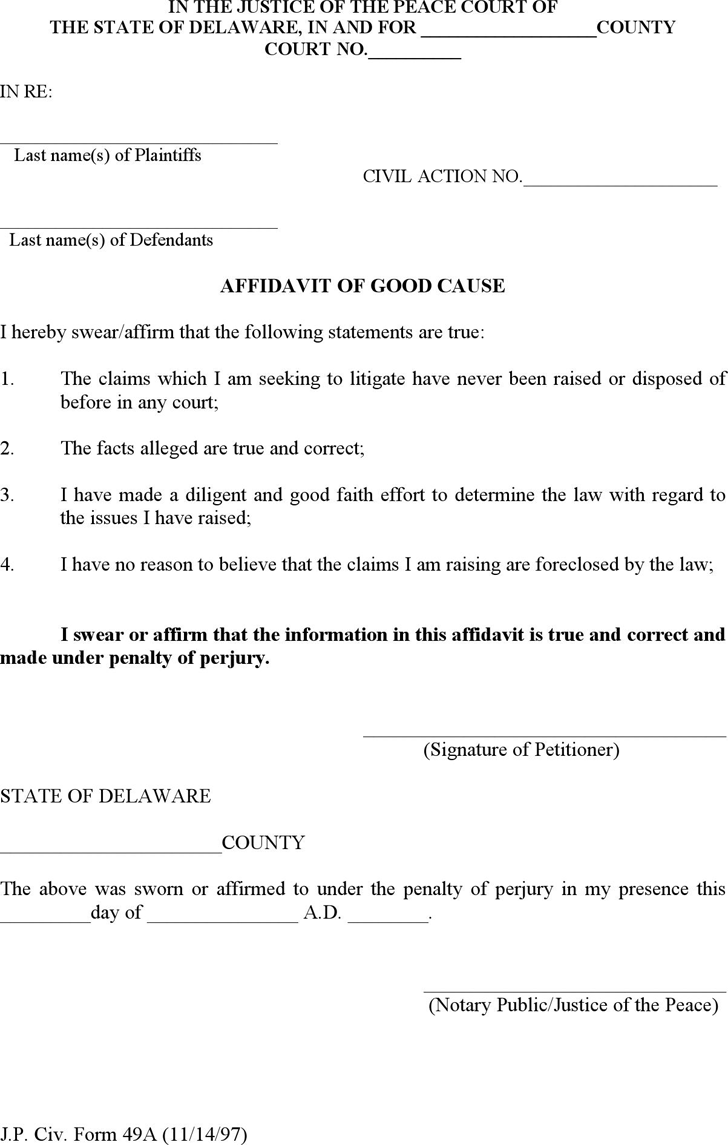 Delaware Affidavit of Good Cause Form