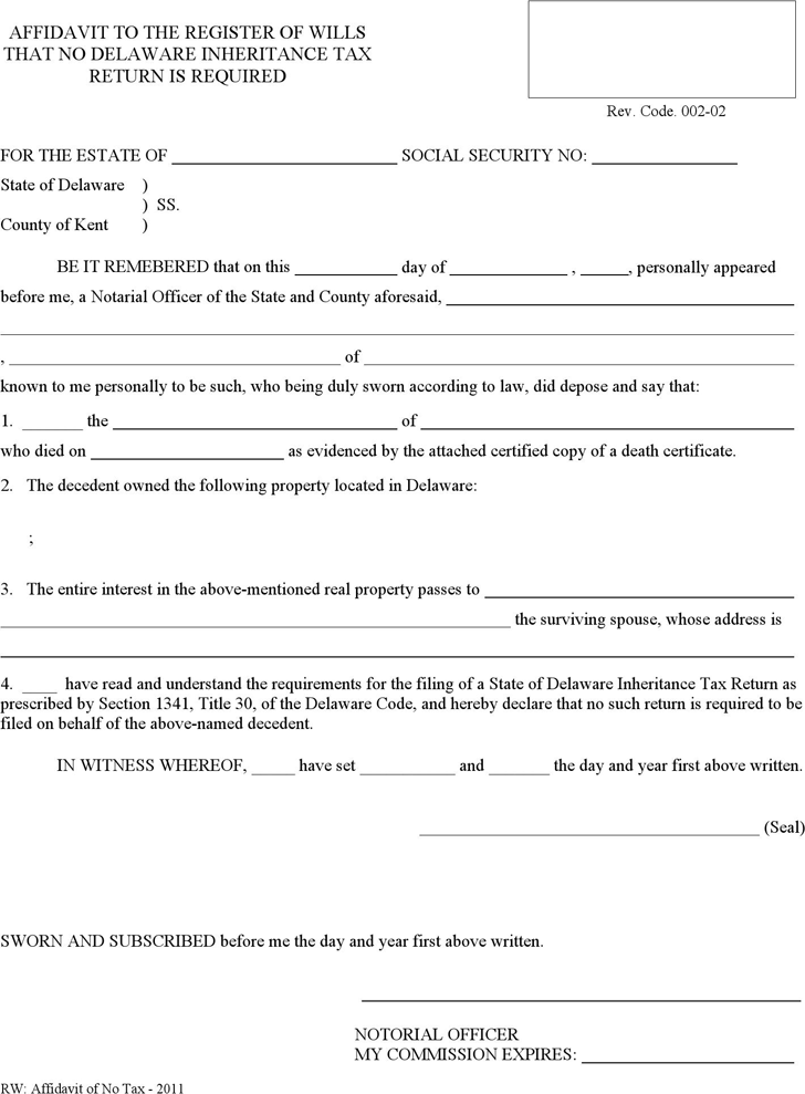 Delaware Affidavit to the Register of Wills That No Inheritance Tax Return Is Required Form
