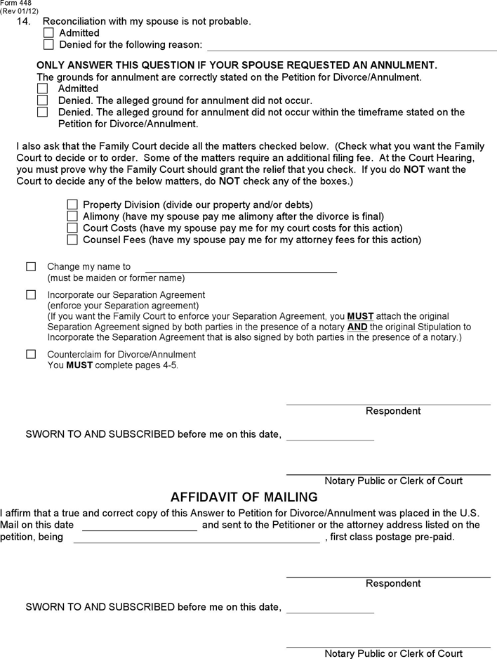 Delaware Answer to Petition for Divorce/Annulment Form Page 3