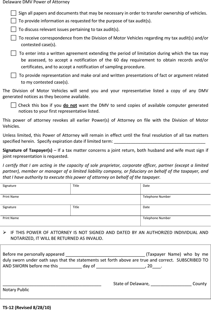 Delaware Division of Motor Vehicles Power of Attorney Form Page 2
