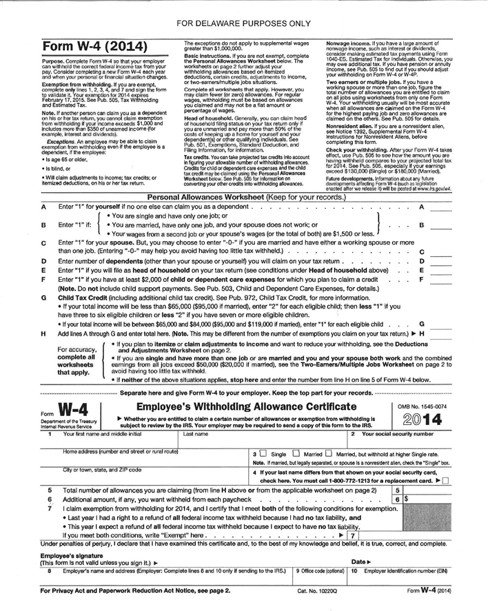 Delaware Form W-4 (2014)