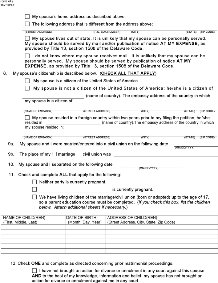 Delaware Petition for Divorce/Annulment Form Page 2