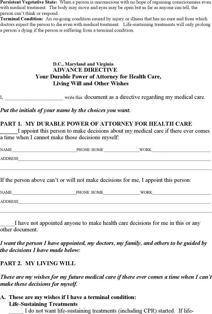 District of Columbia Advance Health Care Directive Form 2 Page 2