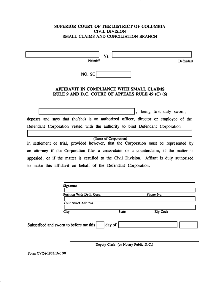 District of Columbia Affidavit in Compliance with Small Claims Form