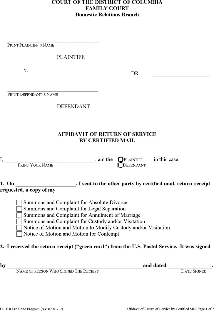 District of Columbia Affidavit of Return of Service by Certified Mail Form