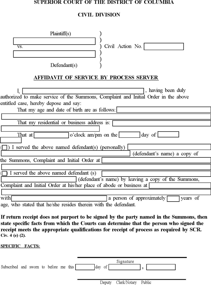 District of Columbia Affidavit of Service by Process Server Form