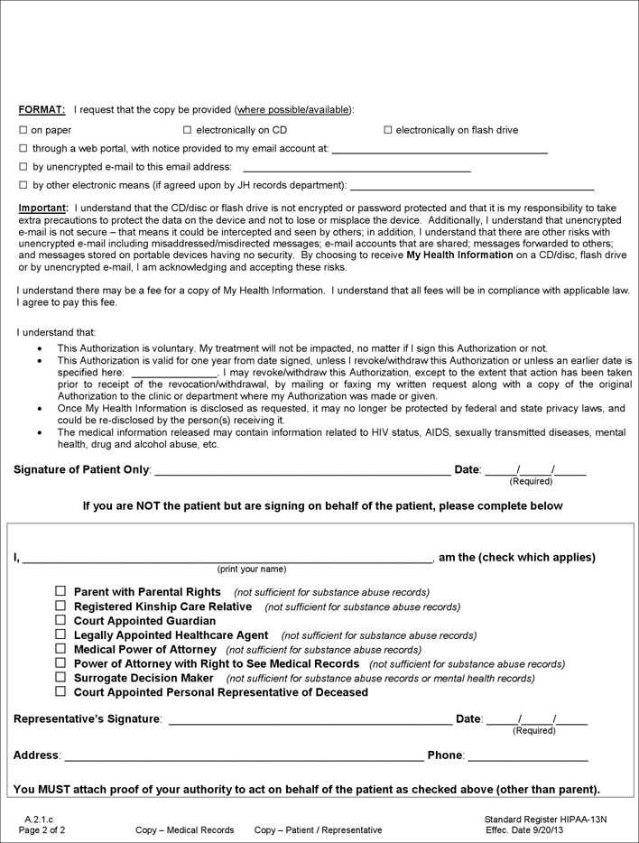 District of Columbia Authorization for Release of Health Information Form Page 2