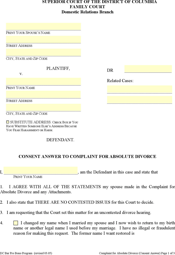 District of Columbia Consent Answer to Complaint for Absolute Divorce Form