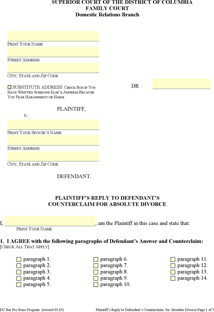 District of Columbia Plaintiff's Reply to Defendant's Counterclaim for Absolute Divorce Form