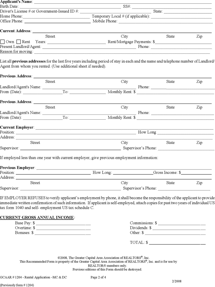 District of Columbia Rental Application Form Page 2