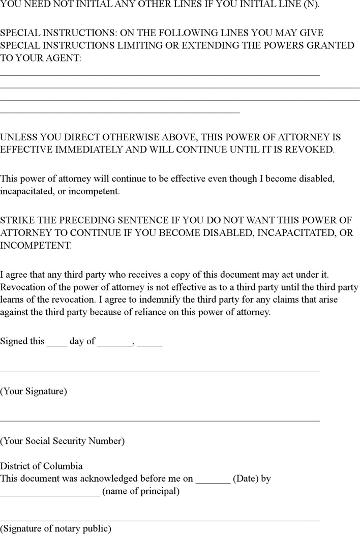 District of Columbia Statutory Power of Attorney Form Page 2