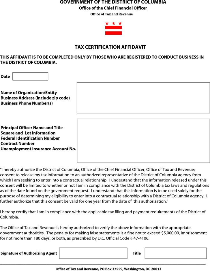 District of Columbia Tax Certification Affidavit Form