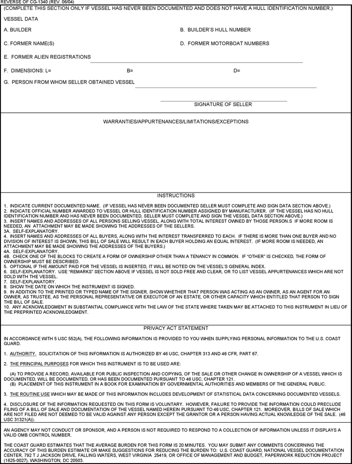 District of Columbia Vessel Bill of Sale Form Page 2