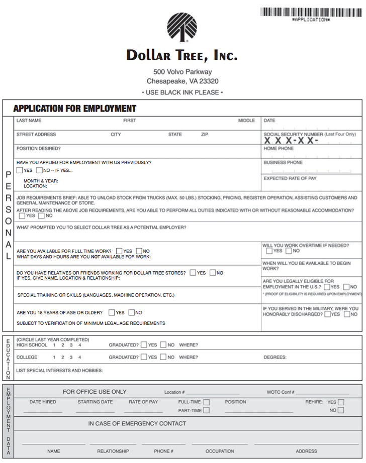 Dollar Tree Employment Application Form
