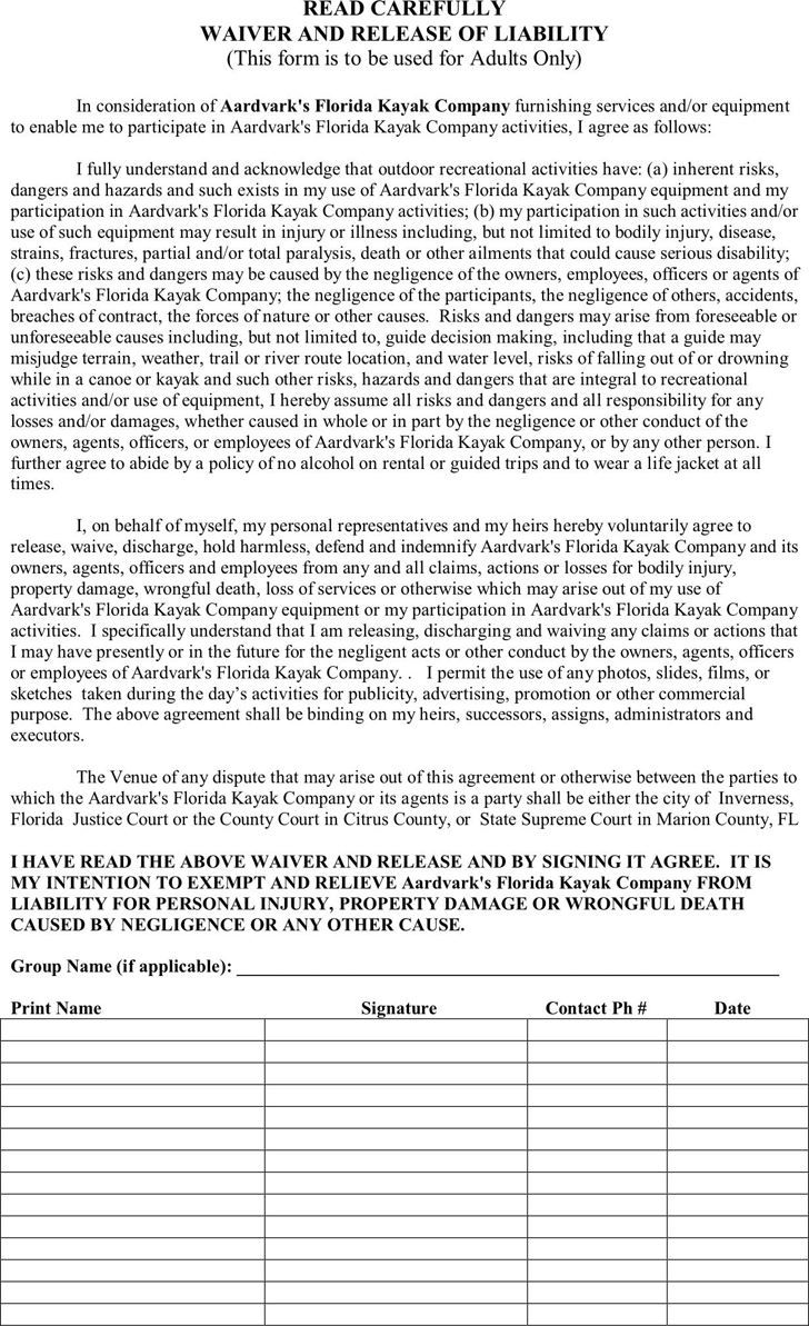 Free Florida Liability Release Form For Adults - PDF  20KB  20 Page(s) In kayak rental agreement template