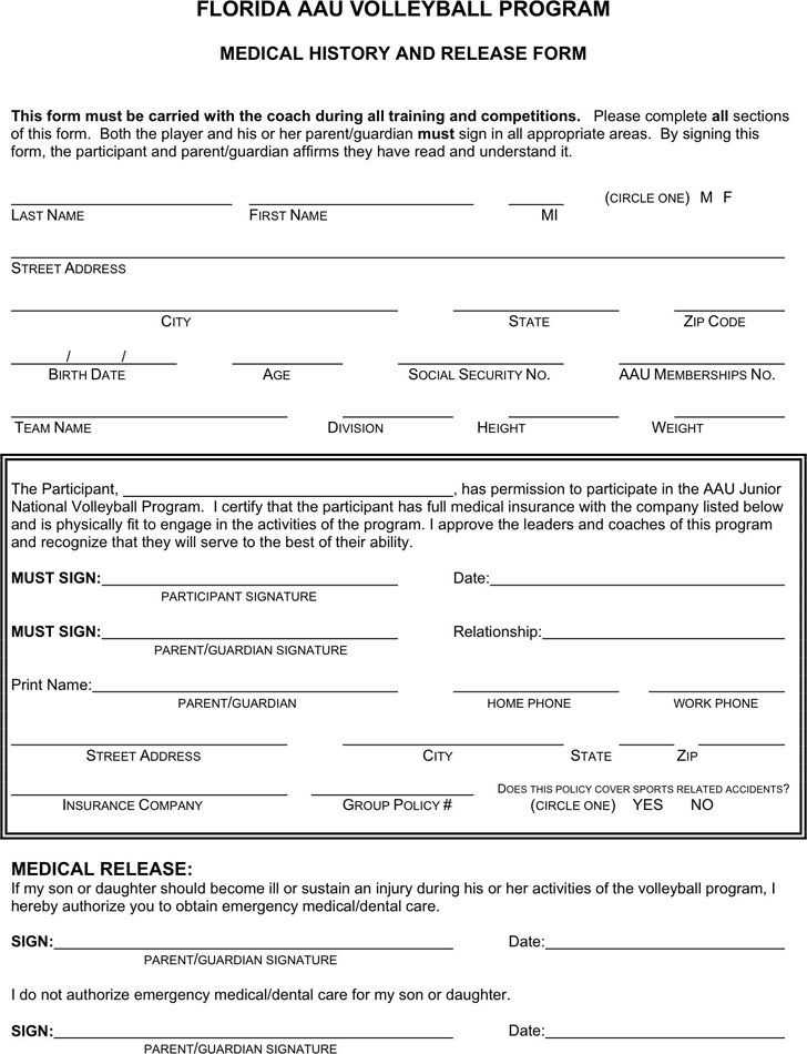 Florida Medical History And Release Form For Player