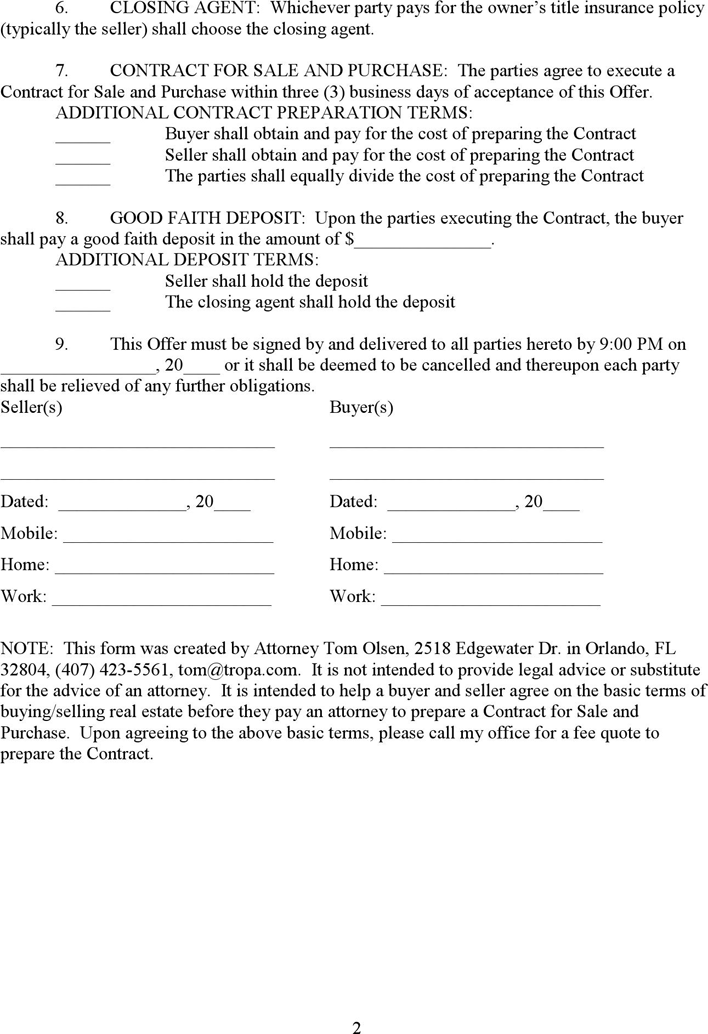 Florida Offer To Purchase Real Estate Form Page 2
