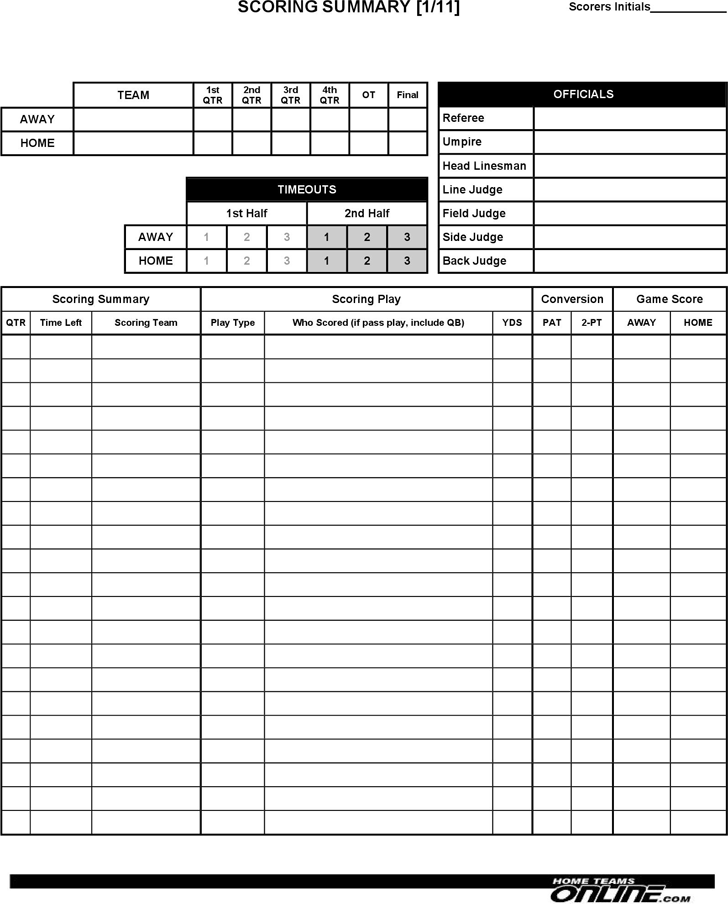 Football Scoresheets (1 Team)