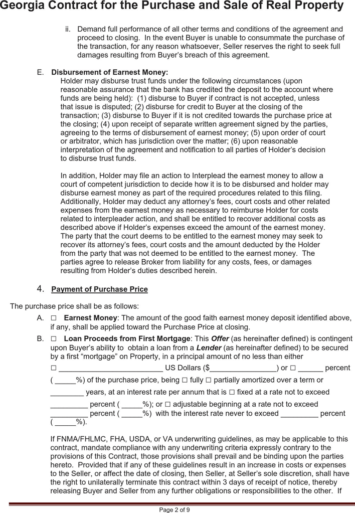 Georgia Contract for the Purchase and Sale of Real Property Form Page 2