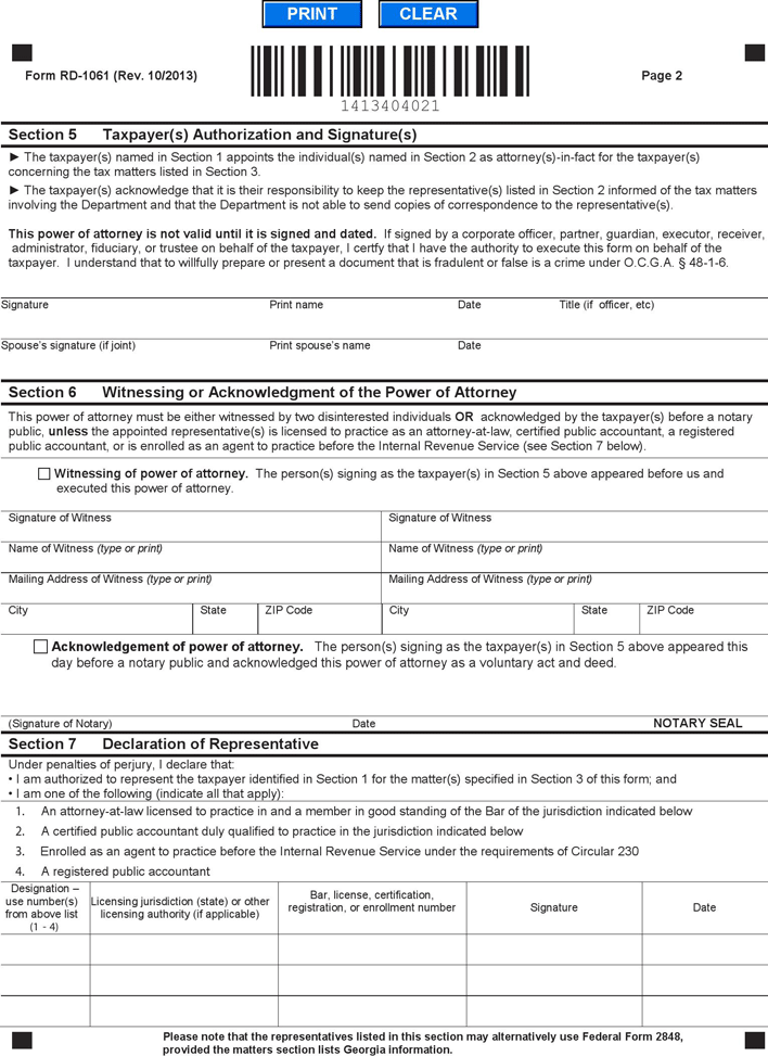 Georgia Tax Power of Attorney Form 1 Page 2