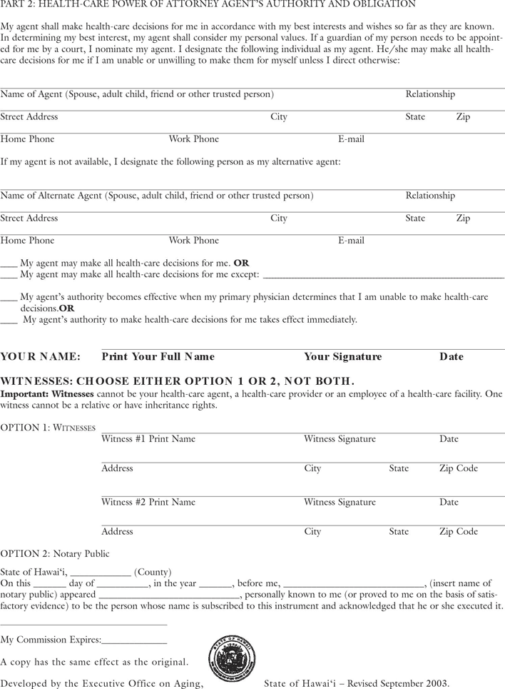 Hawaii Advance Health Care Directive Form 2 Page 2