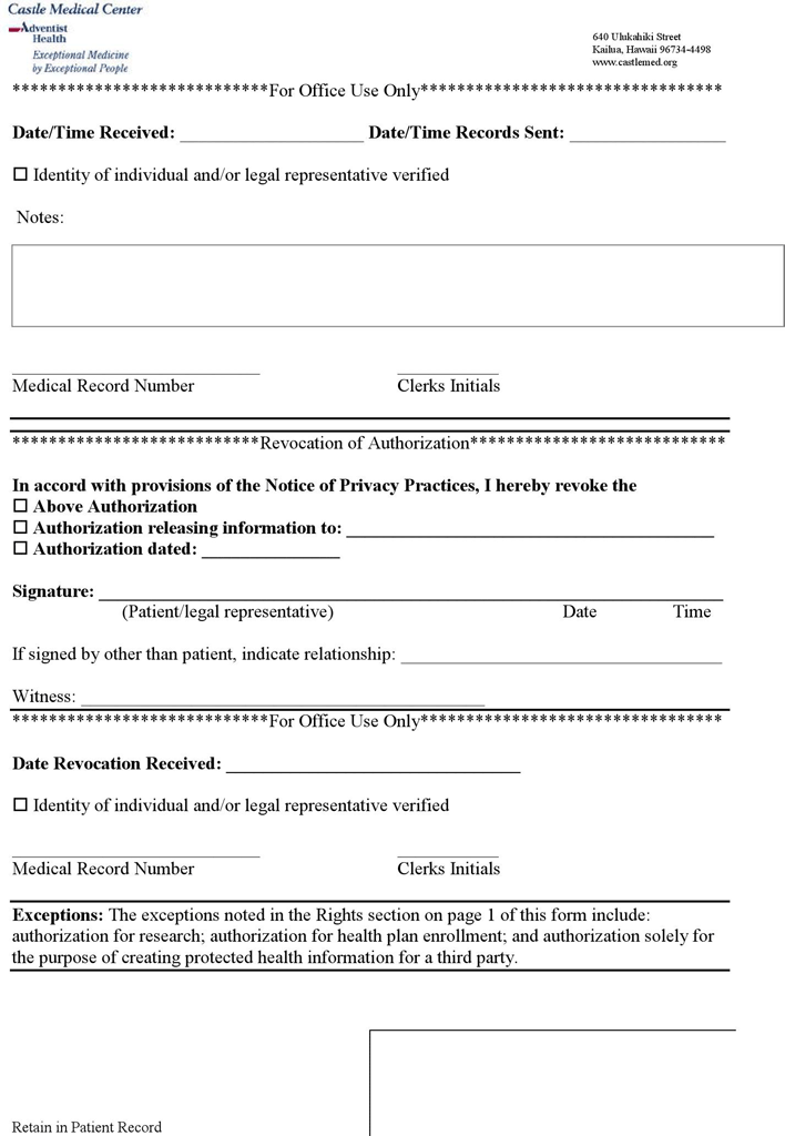 Hawaii Authorization to Release Medical Information Form Page 2