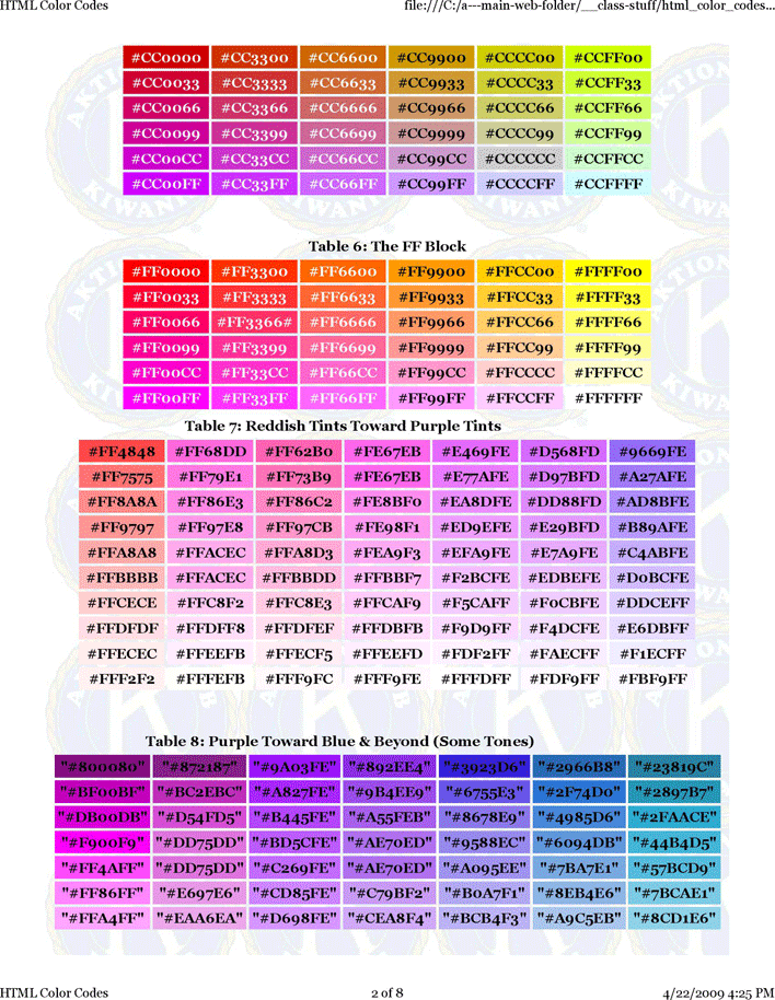 HTML Color Codes Page 2