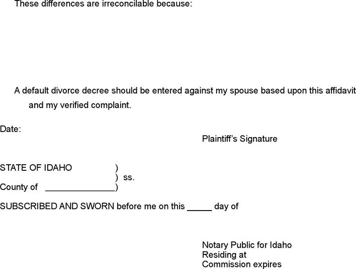Idaho Affidavit in Support of Default Decree of Divorce (no Children) Form Page 2