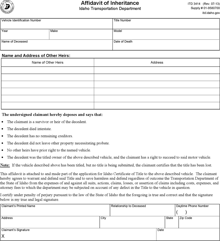Idaho Affidavit of Inheritance (Transportation Department) Form