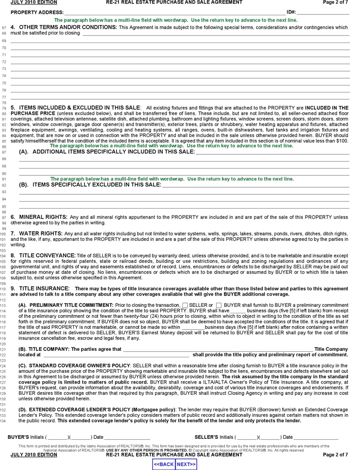 Idaho Real Estate Purchase and Sale Agreement Form Page 2