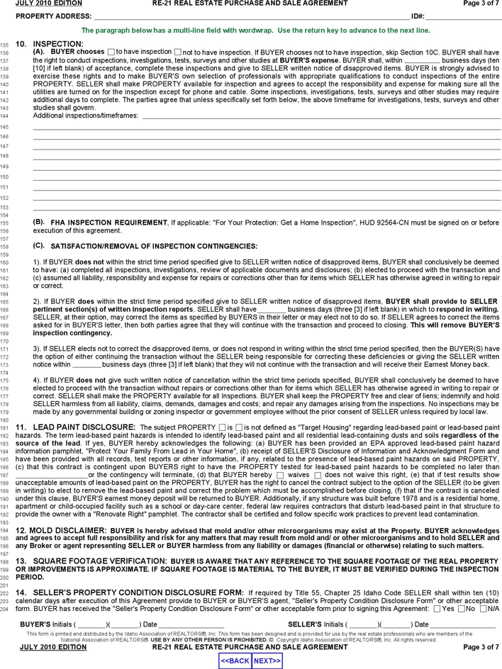 Idaho Real Estate Purchase and Sale Agreement Form Page 3
