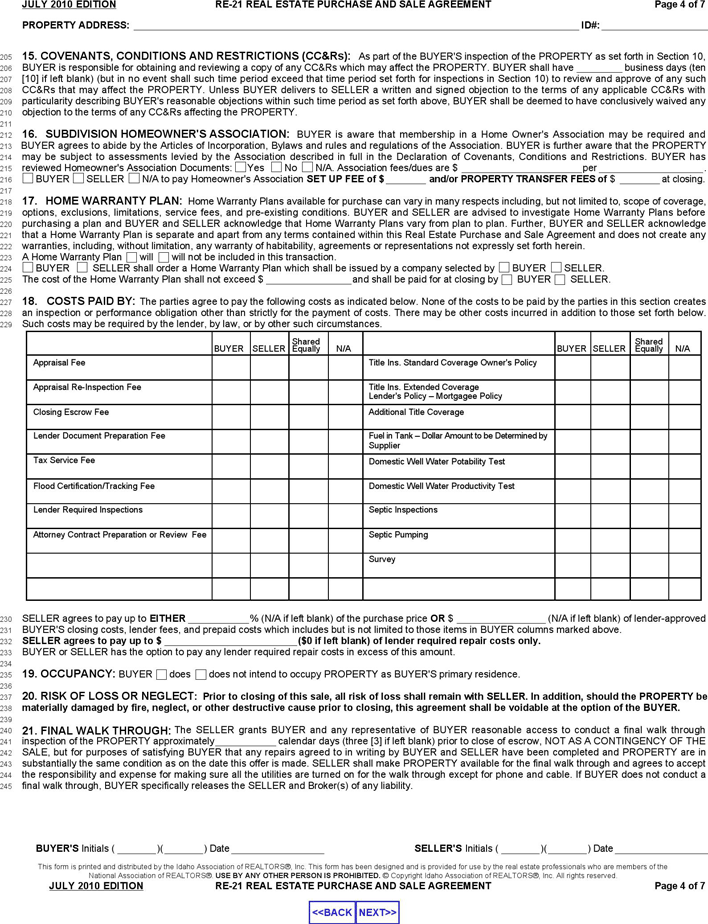 Idaho Real Estate Purchase and Sale Agreement Form Page 4
