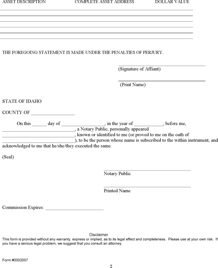 Idaho Small Estate Affidavit Form Page 2