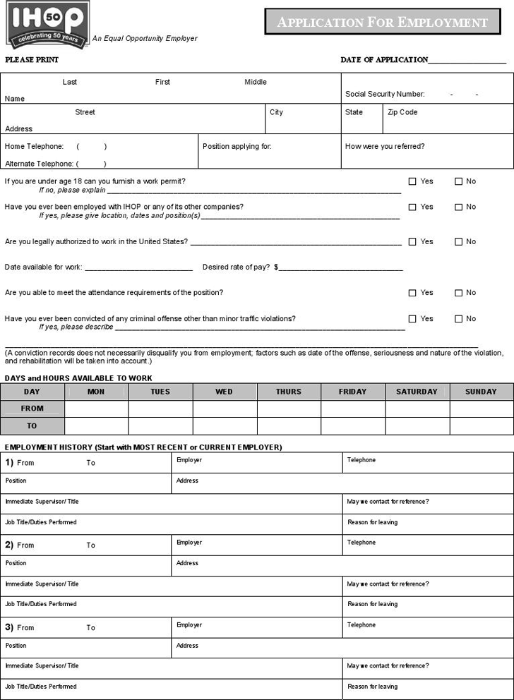 IHOP Application for Employment (Fillable)
