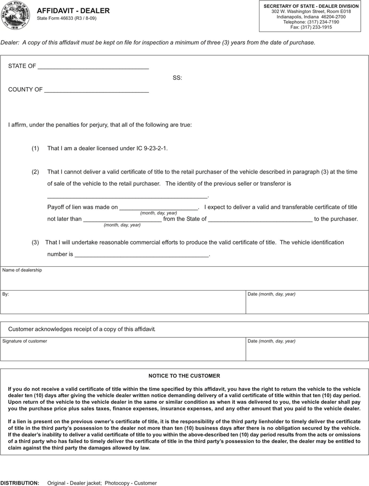 Indiana Affidavit Form (Dealer)